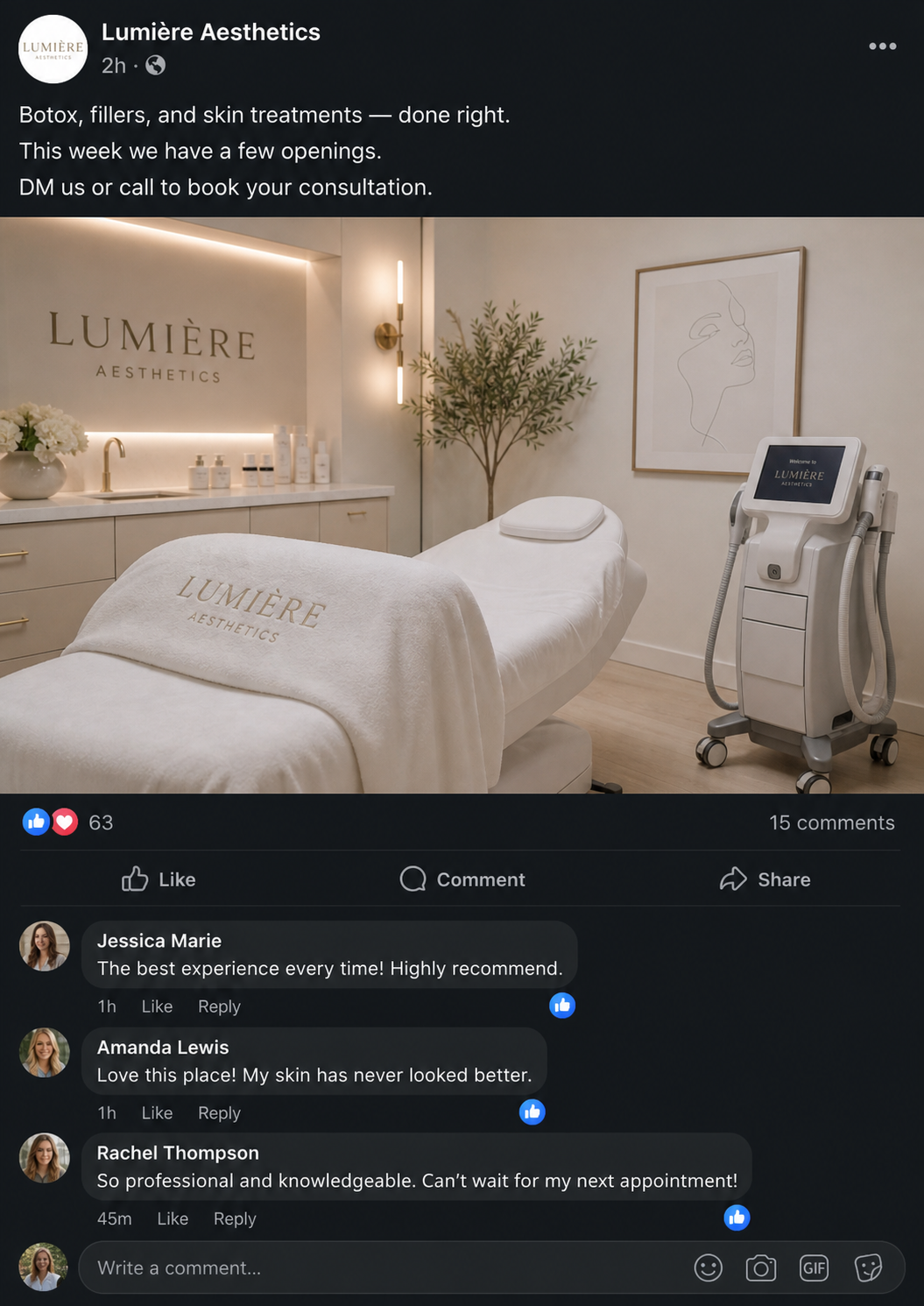Lumière Aesthetics Facebook post